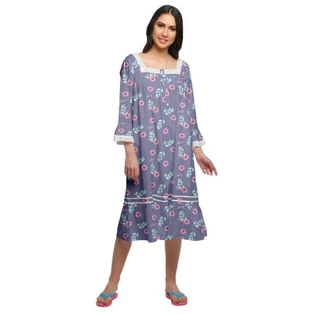 Moomaya Printed Lace Neckline Nursing Sleepwear Cotton Button Placket Nightdress