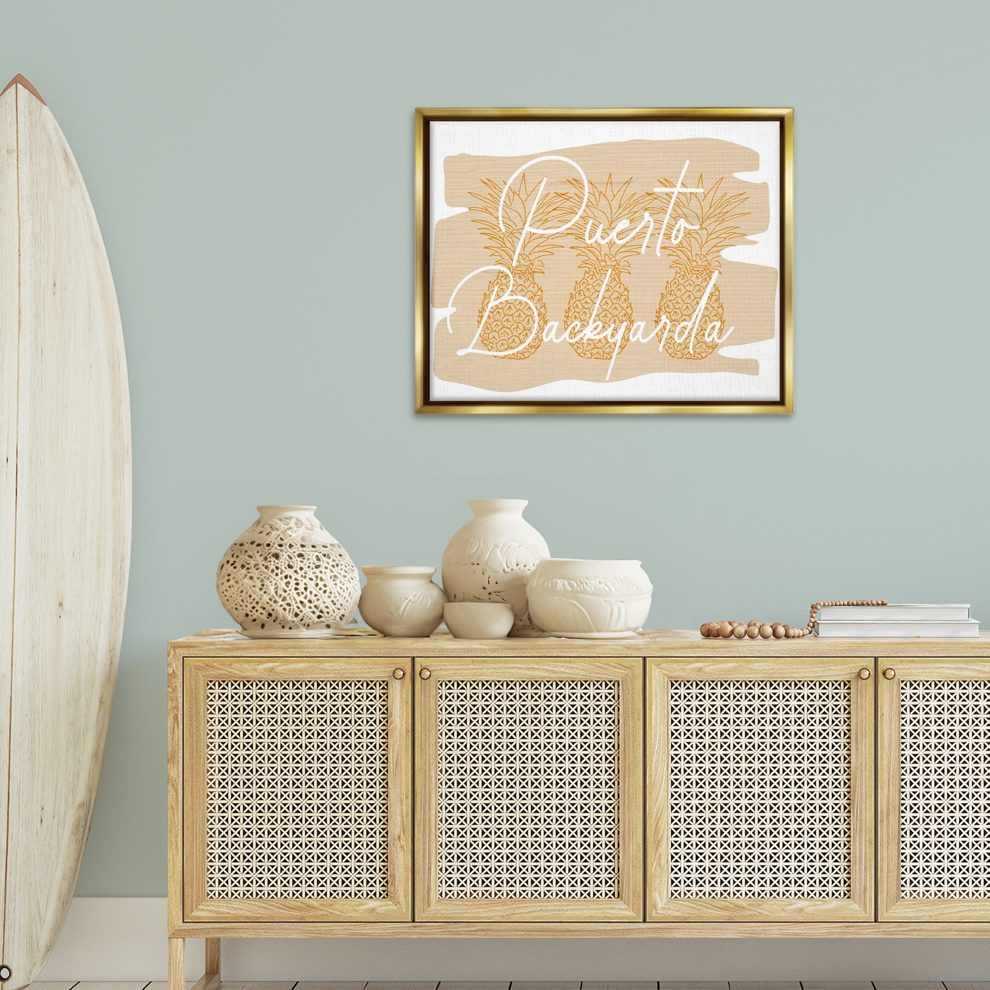 Stupell Industries Puerto Backyarda Phrase Food & Beverage Painting Gold Floater Framed Canvas Art Print Wall Art, 31 x 25