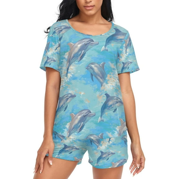 joogoo Women's Pajama Set Dolphins in Water Short Sleepwear Loungewear with Pockets M