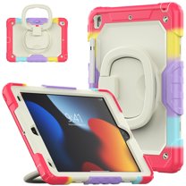 Case for iPad 9th 8th 7th Gen 10.2 inch 2021 2020 2019, 360 Rotating Stand Handle Pencil Holder Shoulder Strap Heavy Duty Shockproof Cover, Rainbow Red