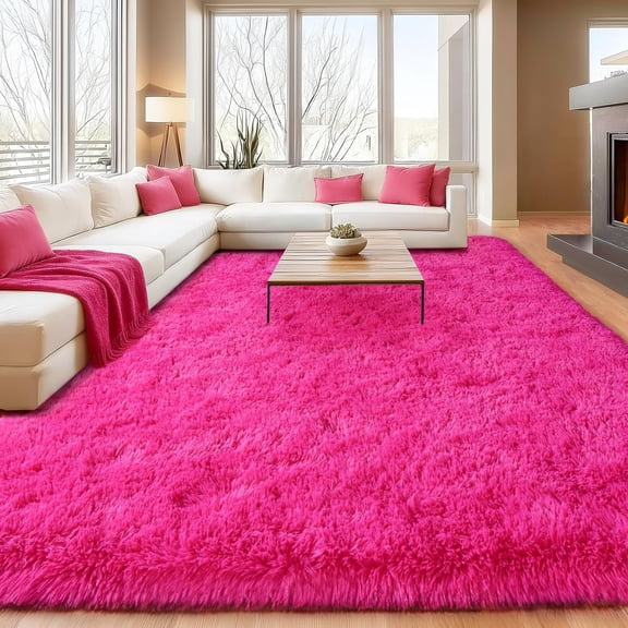Hot Pink High Pile Shag Area Rug 5 ft x 7 ft Rectangular Non-Slip Soft Fuzzy Carpet