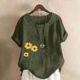 thumbnail image 2 of Women's Tops Summer Casual Crew Neck Flower Printed Button Short Sleeve Blouses Loose Fit Trendy Basic Shirts (M, Army Green 1), 2 of 4