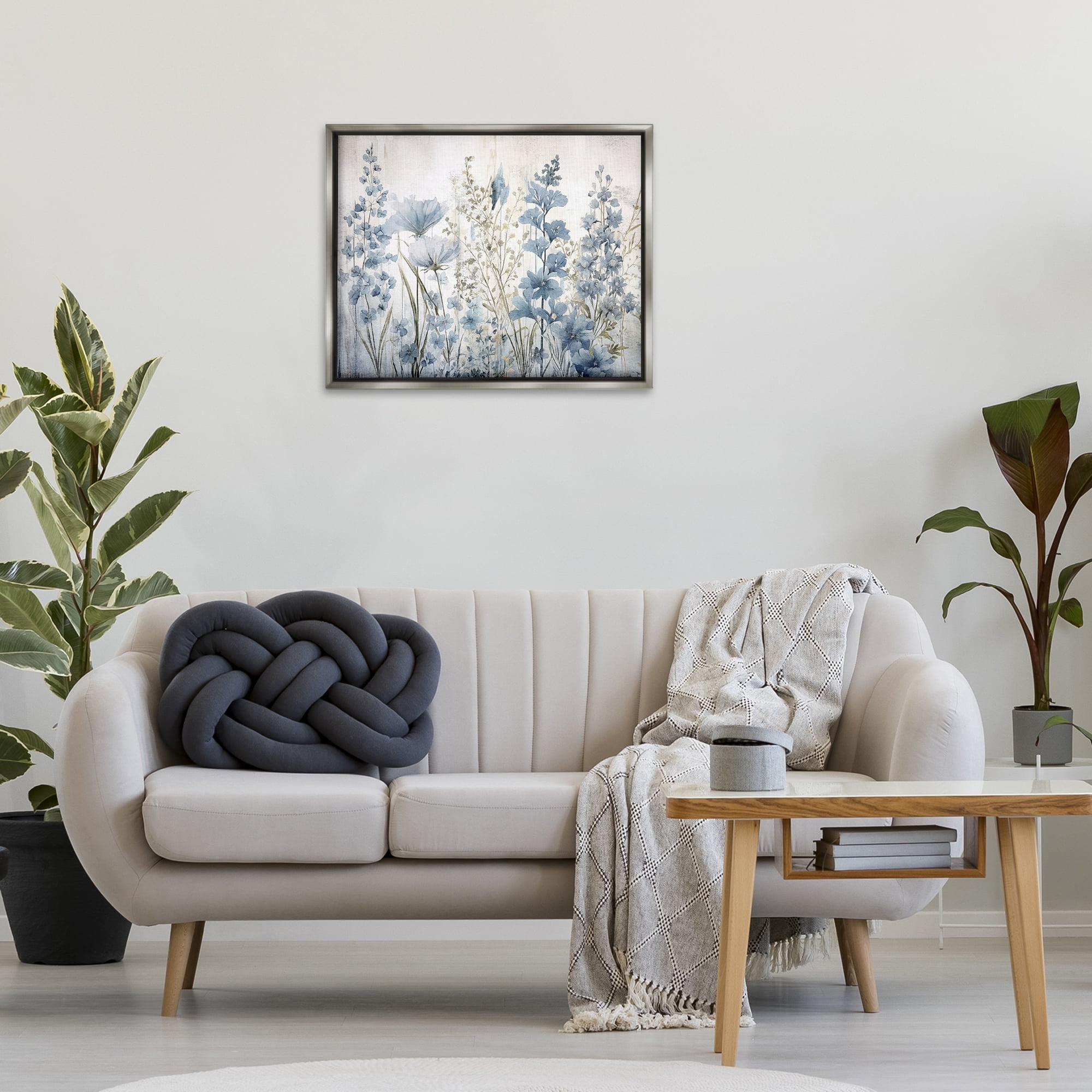 Stupell Industries Blue Nature Blooms Plants & Flowers Painting Gray Floater Framed Canvas Art Print Wall Art, 31 x 25
