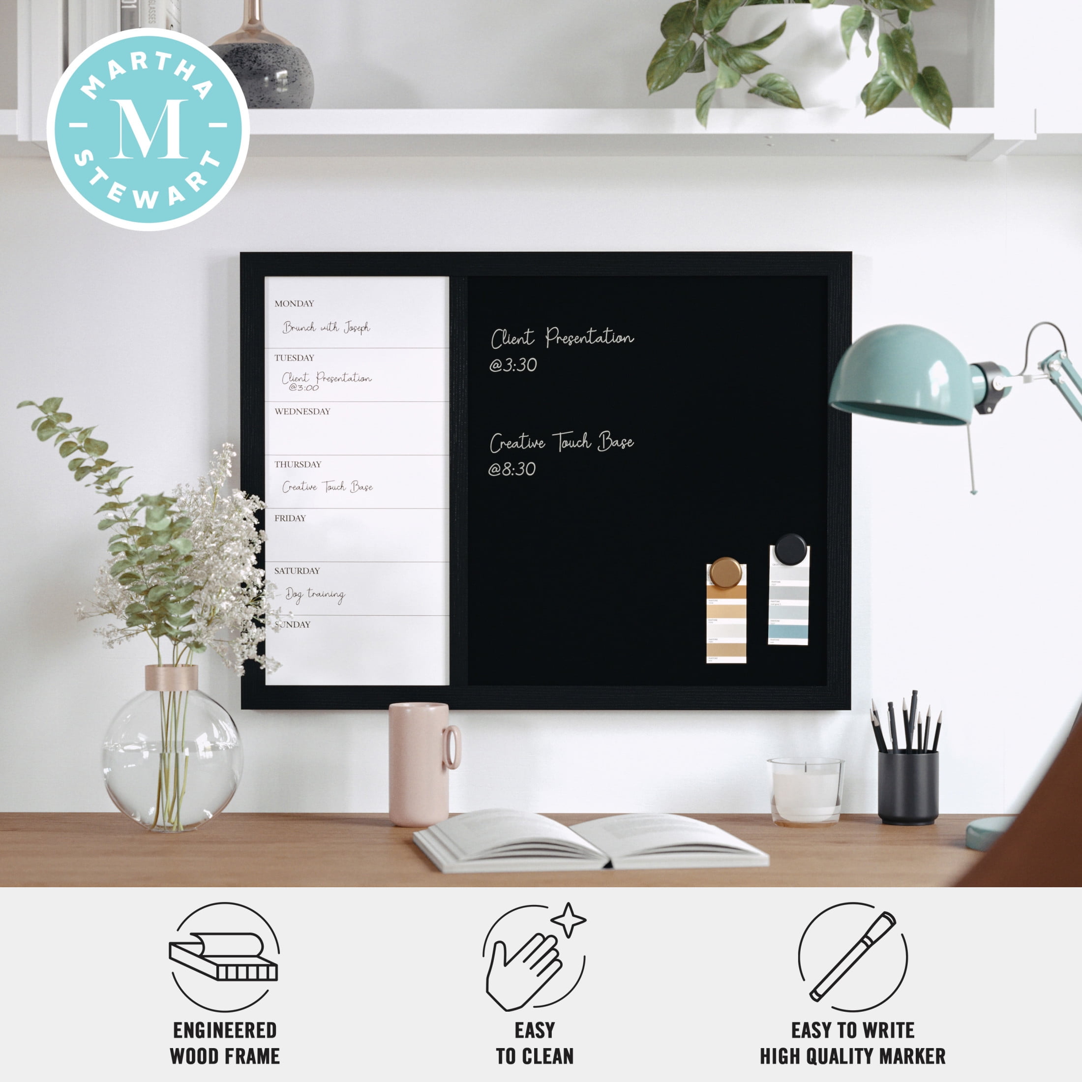 Martha Stewart Everette 24"x18" Magnetic Weekly Calendar Dry Erase Board and Chalk Board with Liquid Chalk Marker and Magnets, Black Woodgrain Frame