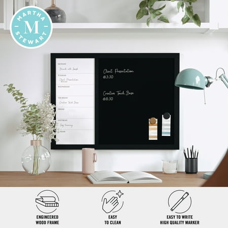 Martha Stewart - Everette Dry Erase Magnetic Weekly Calendar/Chalk Board- 24x18 - Black Woodgrain