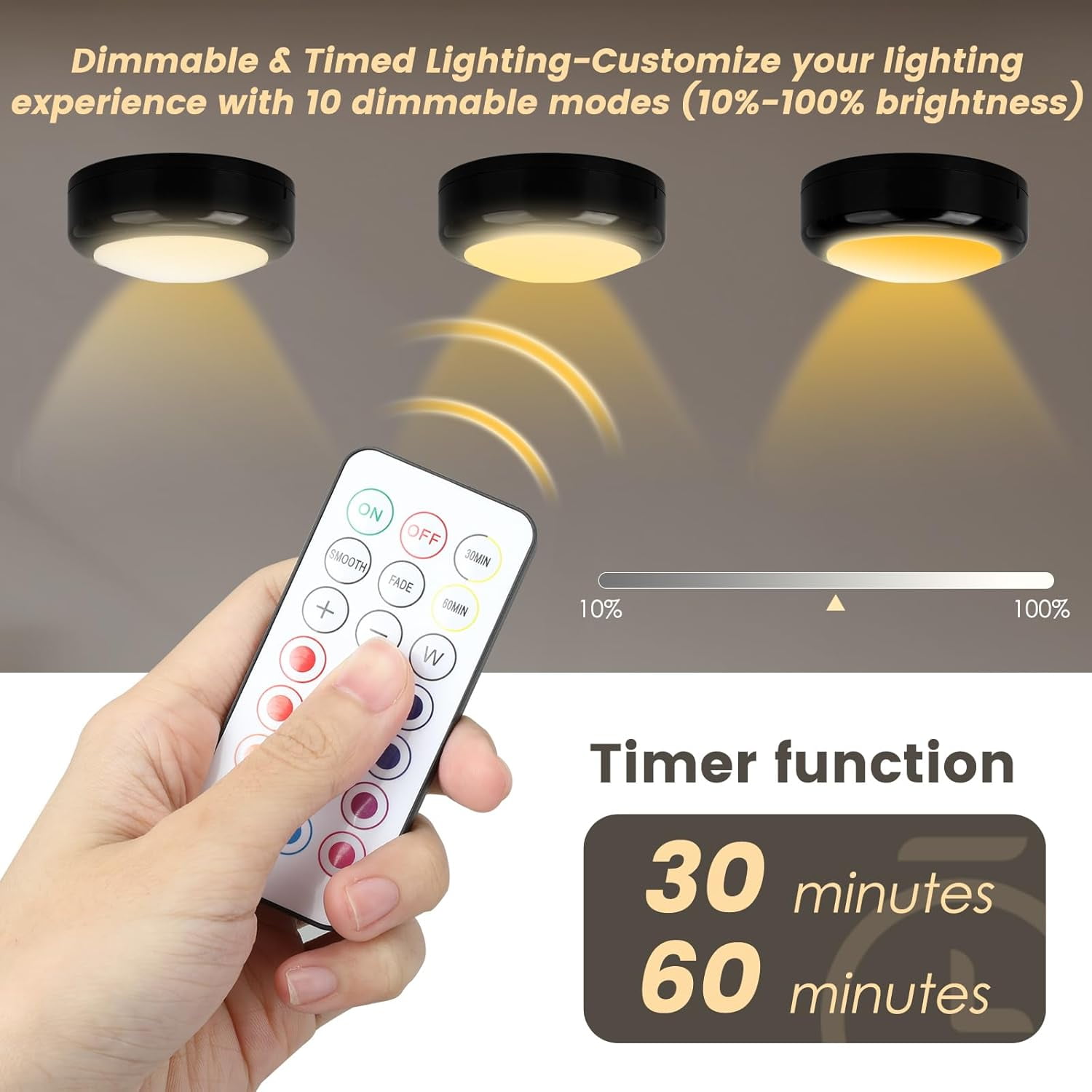 RGHJAR-RGBW Color Changing Puck Lights with Wireless Remote - 16 Colors Dimmable Under Cabinet, Battery Powered LED Push Puck Lights with Timer & Memory Function, Black (3 Pack)