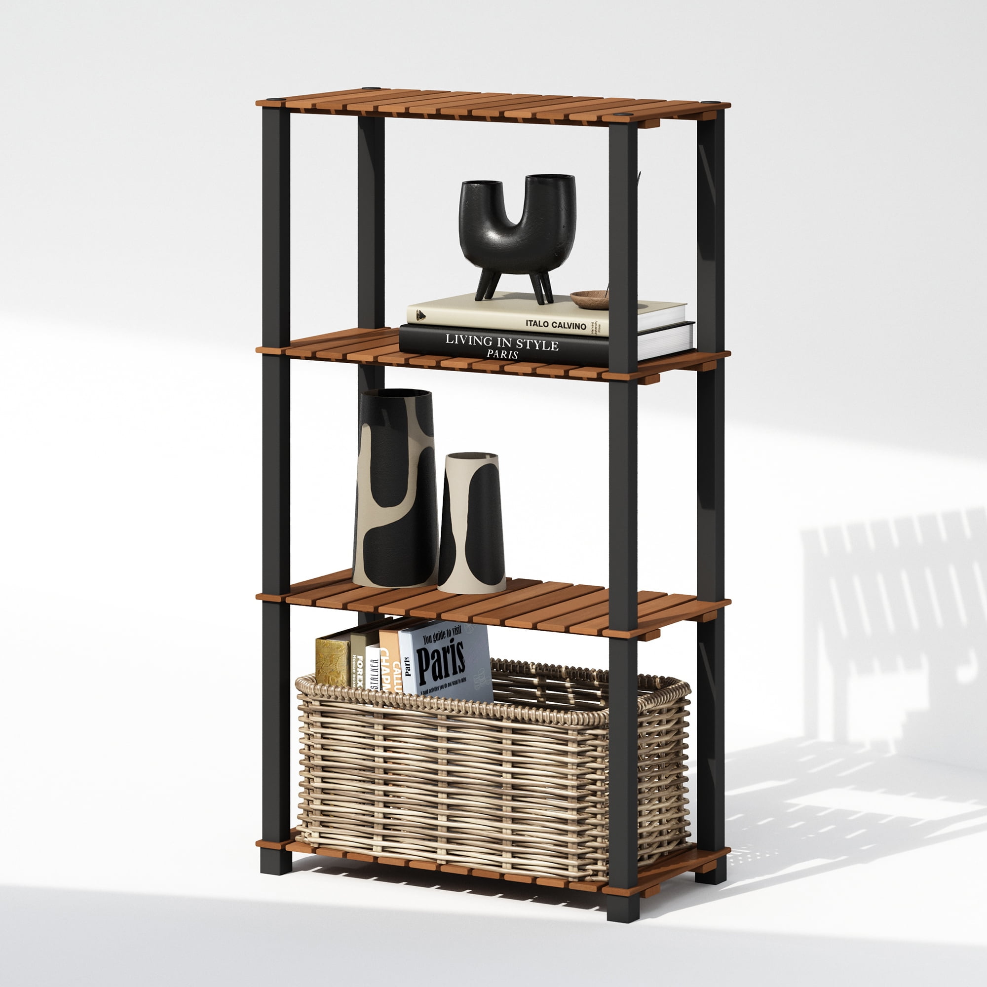 Furinno Turn-N-Tube 4-Tier Wood Slat Multipurpose Shelf Display Rack with Square Poles, Natural/Black