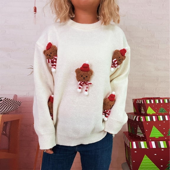 EchfiProm Womens Sweaters White Holiday Pullover Crewneck Christmas Long Sleeve Valentines Tops for Adults