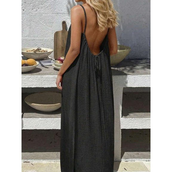 Backless Cami Dresses For Women Cami Lounge Dress Backless Solid Color Sleeveless House Dress Long Sundress With Back Tie