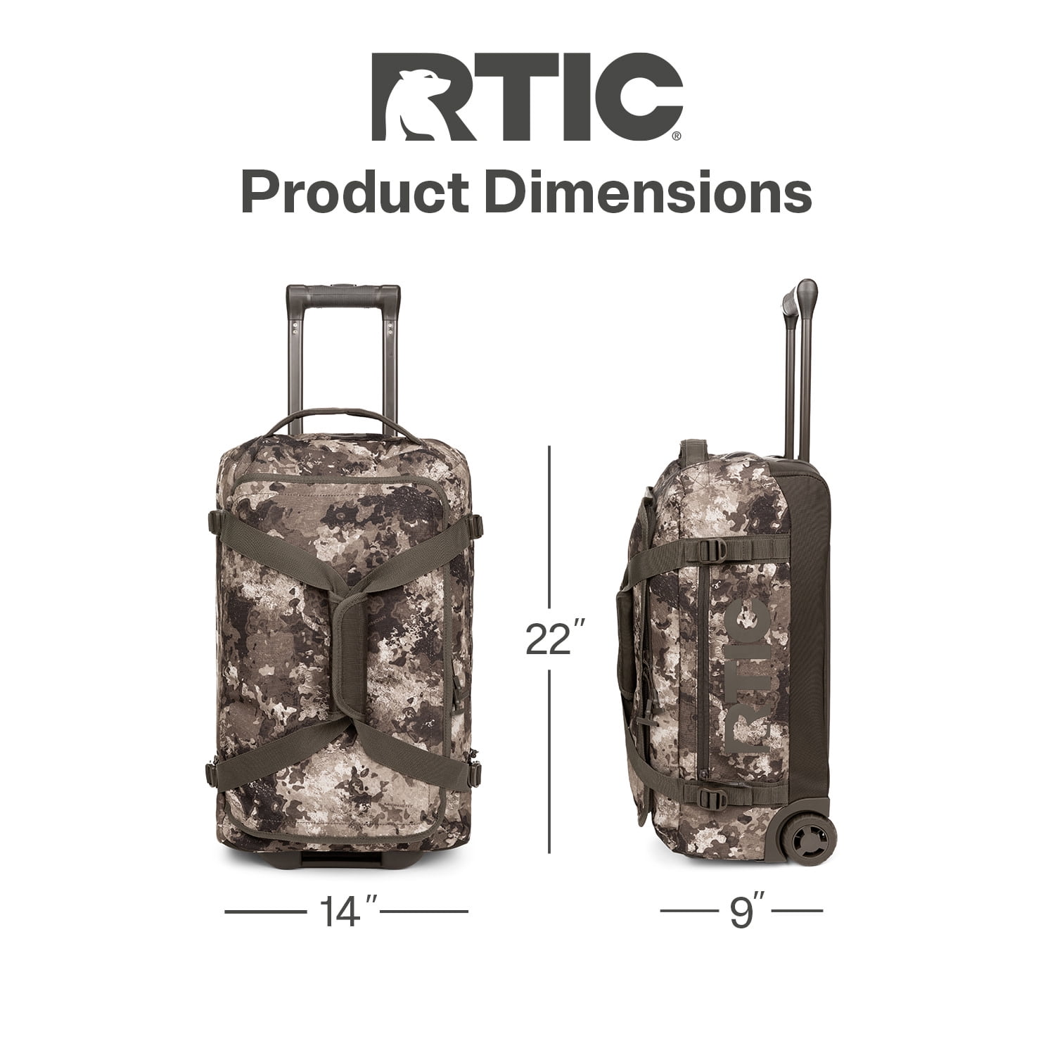 RTIC Road Trip Rolling Duffle Bag, Medium, Water-Resistant and Wheeled, Olive Midnight Camo