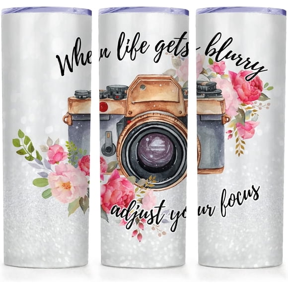 When Life Gets Blurry Adjust Your Focus Skinny Tumbler 20oz Insulated Double Wall Mug Unique Photographer Gift Motivational Quote for Camera Lovers Keeps Drinks Hot or Cold
