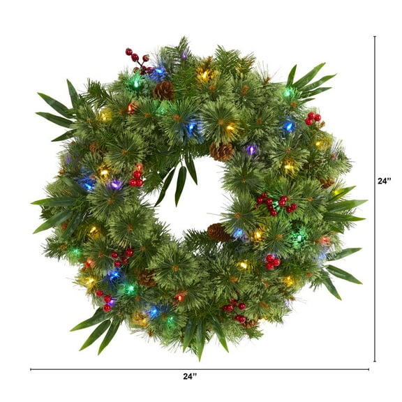 Nearly Natural 24in. Mixed Pine Artificial Christmas Wreath with 50 Multicolored LED Lights, Berries and Pine Cones