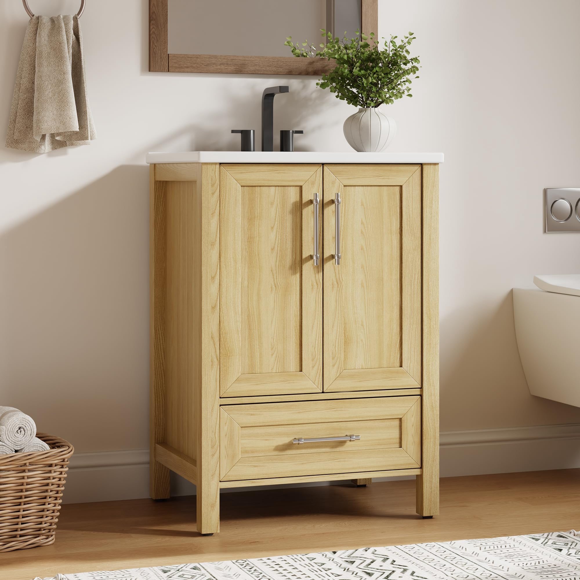 24" Bathroom Vanity with Sink, Freestanding Wooden Bathroom Vanity Cabinet with Soft-Closing Door and Metal Handle, Modern Floor Standing Storage for Small Spaces，Natural Wood