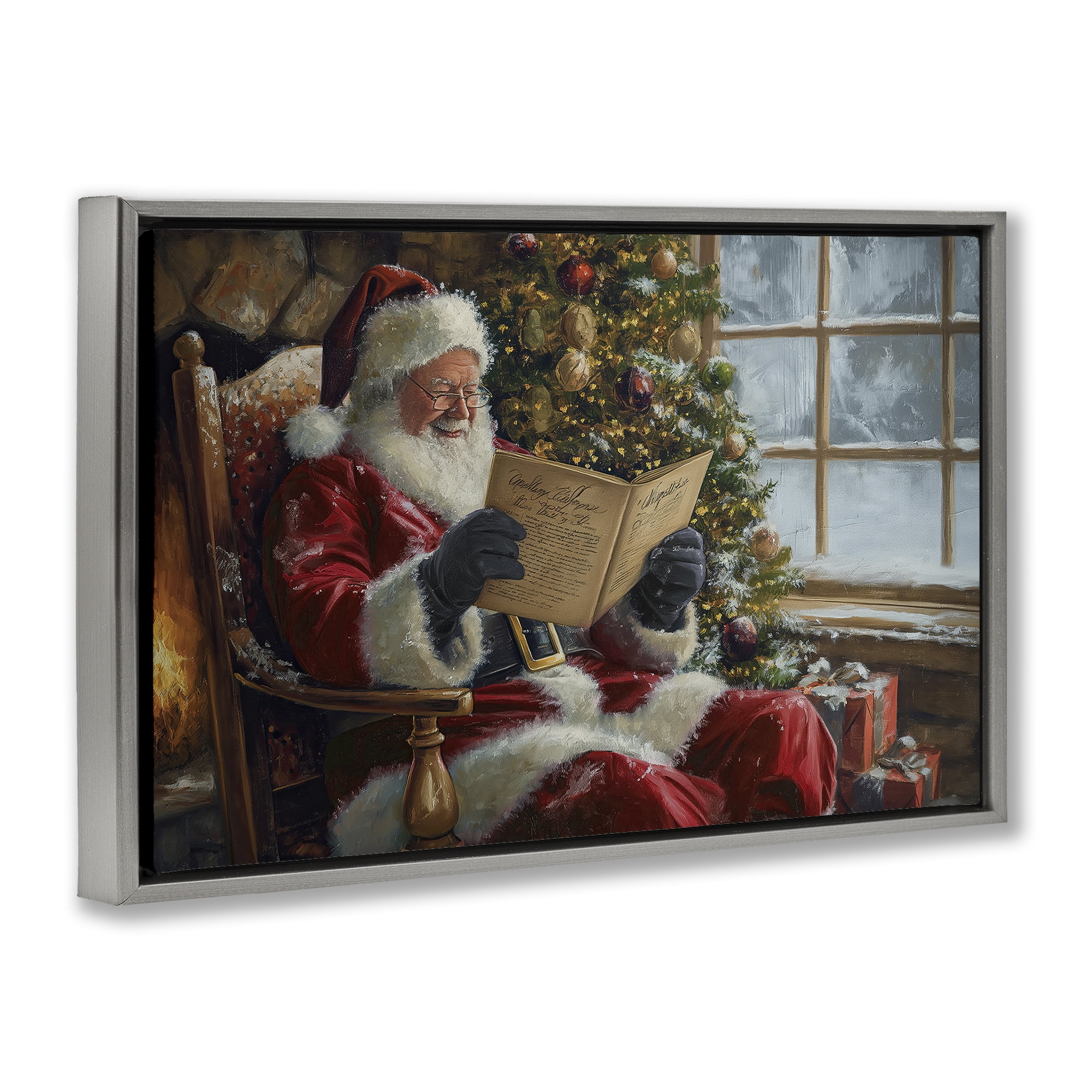Stupell Industries Cheerful Santa Reading Holiday Painting Gray Floater Framed Canvas Art Prints Wall Art, 25 x 17