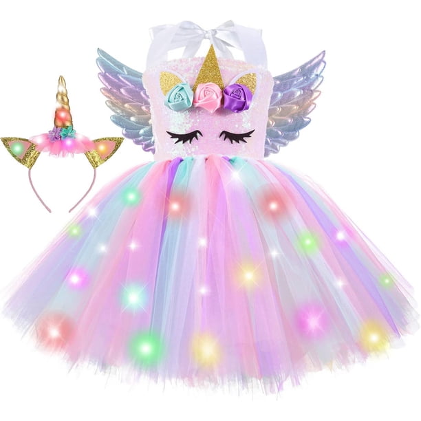 Disfraz de unicornio iluminado ZeroStage para niñas, vestido de Halloween, decoración de fiesta de cumpleaños, traje de lentejuelas de Navidad, tutú de princesa