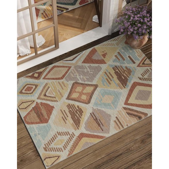 2x3 Washable Rug Outdoor Indoor Moroccan Jute Rug Boho Entryway Hallway Rug Colorful Modern Doormat Carpet Anti Slip Back Small Thin Rug for Kitchen Bedroom Bathroom Laundry Room Tan Multi