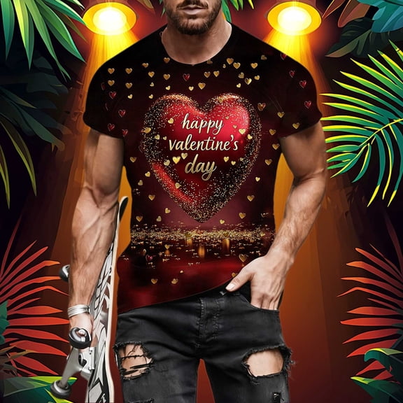 Men's Valentine's Day T-Shirt Short Sleeve Round Neck Graphic Print Casual Pullover Tee Wine XL