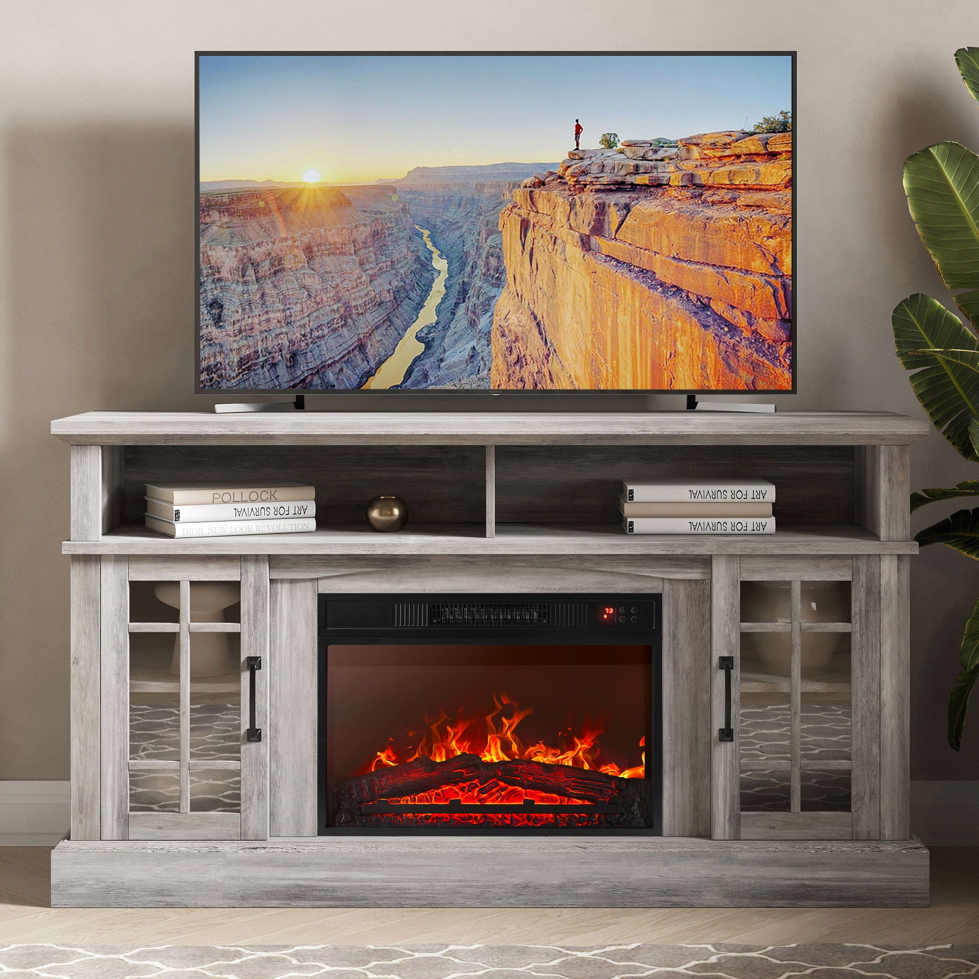 BELLEZE 58" TV Stand with 23" Electric Fireplace, Fireplace TV Console