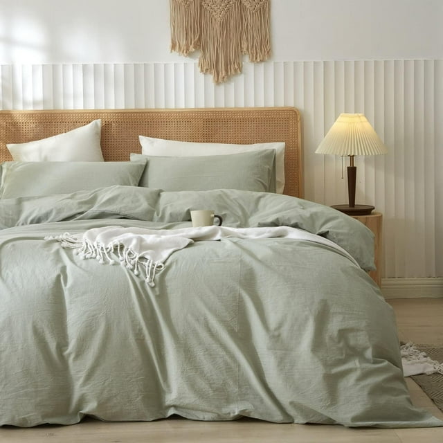 Washed Cotton Duvet Cover Set Linen Feel Natural Wrinkle Lightweight Comfy (King Linen)