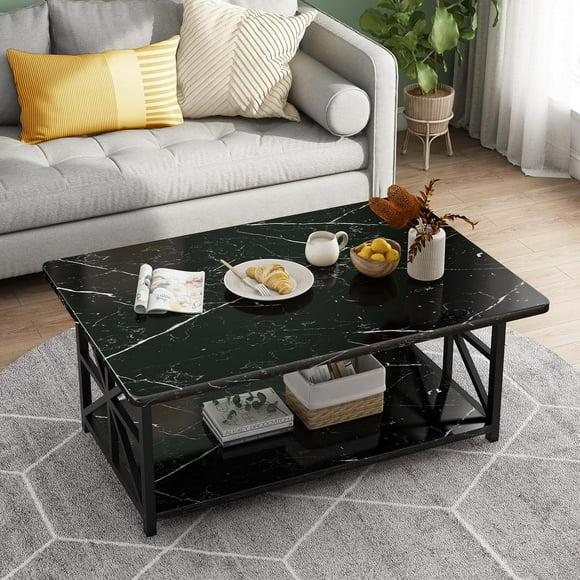 Coffee table, modern coffee table with storage shelf, marble coffee table for living room, center table, coffee table, Black