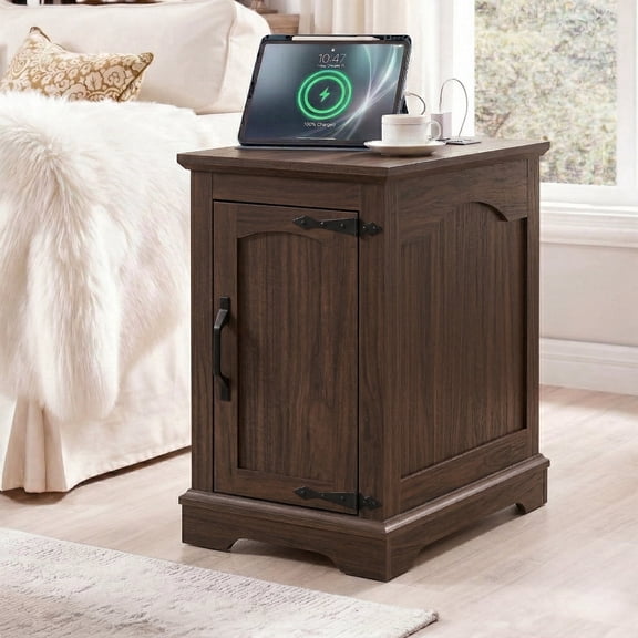 Farmhouse End Table with Charging Station, Rustic Wood Nightstand for Bedroom Sofa Side