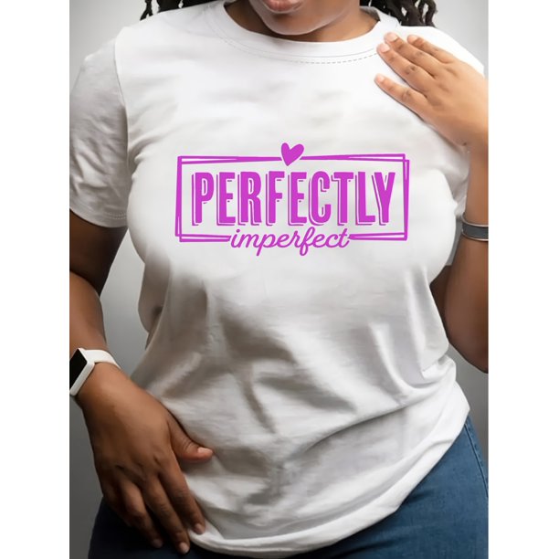 Women's Plus Size Casual Sporty T-Shirt, "Perfectly Imperfect" Heart Print, Comfort Fit Short Sleeve Tee, Fashion Breathable Casual Top