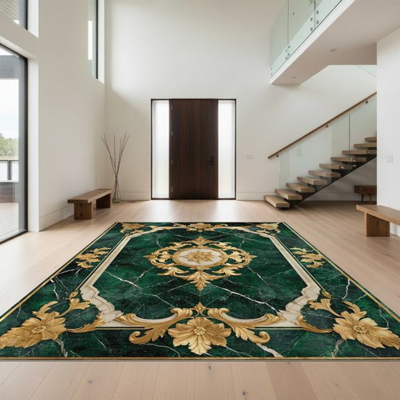 Design&I 8'x10' Washable Area Rug Extra Large Skid-Resistant Low Profile Round Vintage Veined Ornate Scroll Swirl Abstract Center Minimalist for Living Room, Family
