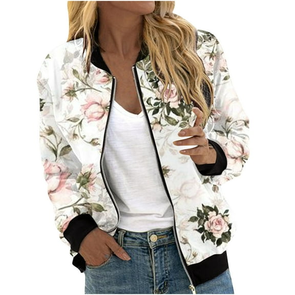 Herrnalise Women's Bomber Jacket Casual Coat Zip Up Outerwear Windbreaker Floral Prints Overcoat With Pockets White,S