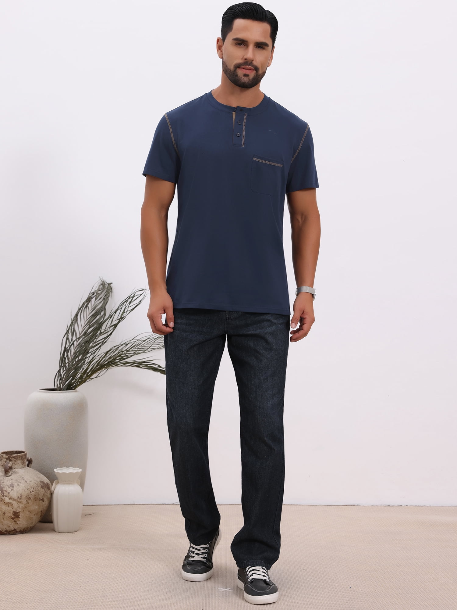DARING DIVA Men's Henley Crew Neck Short Sleeve Button Down T-Shirt M Navy Blue