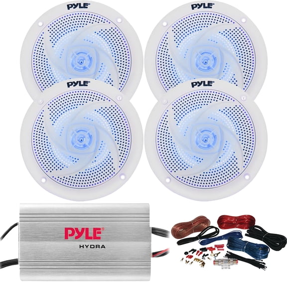 4 x Pyle 6.5" Marine 240W Waterproof White Full-Range Component Speakers with Blue LED Lights, 4-Channel 400W MP3/iPod 2-Ohm Stereo Stable Amplifier, Amp Installation Kit