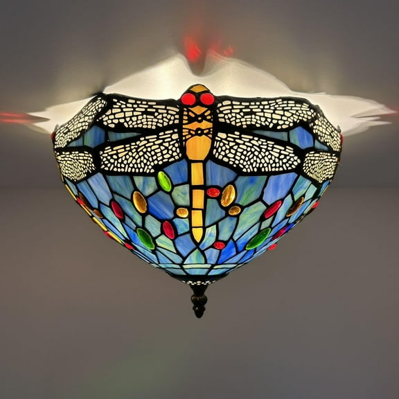 Tiffany Ceiling Lights Fixture 12-Light with Blue Stained Glass Dragonfly LED Bulbs