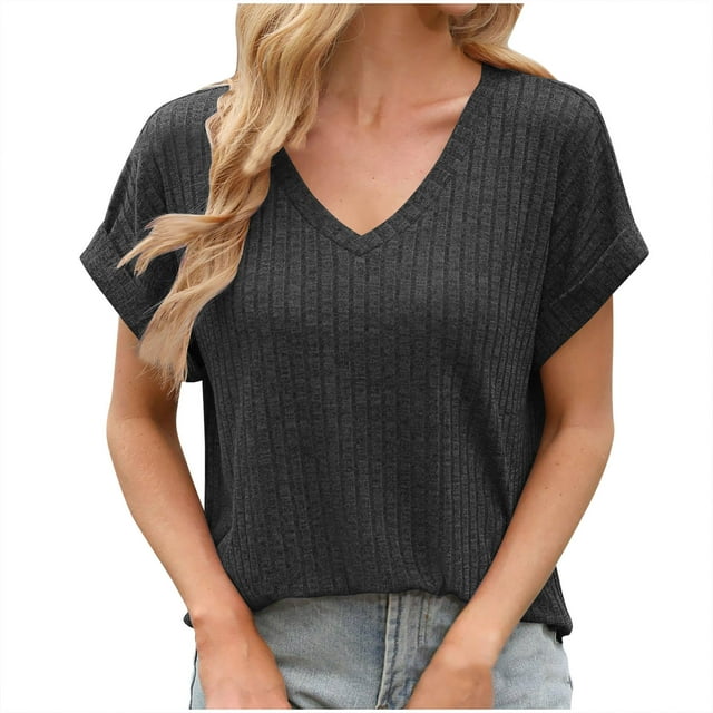 Timegard Summer Tops for Women V Neck Side Split Short Sleeve Comfy Solid Color Casual Tops Blouse