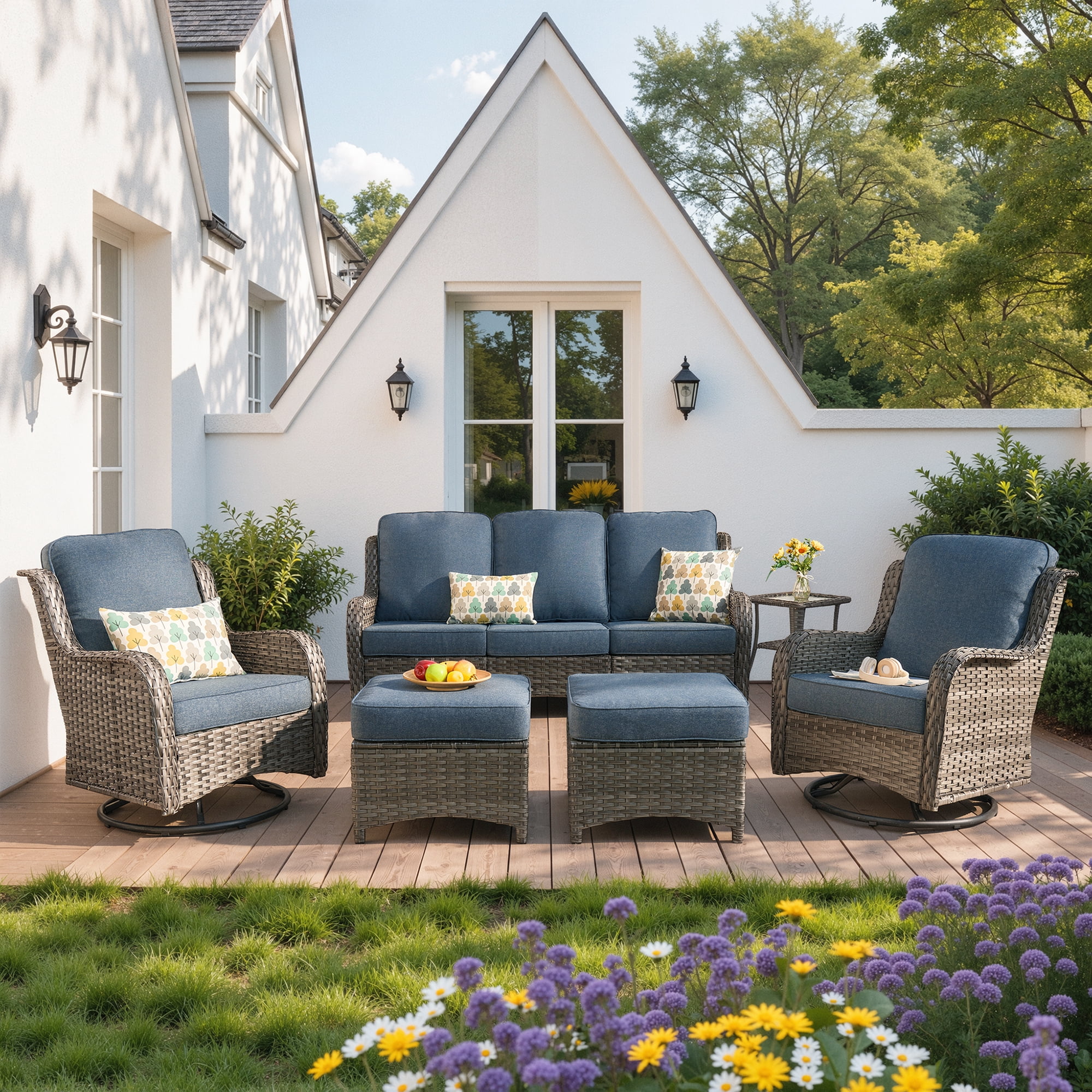 Ovios 6-Piece Patio Furniture Set All-Weather Wicker Outdoor Conversation Set with Sofa Swivel Chairs and Ottomans, Denim Blue