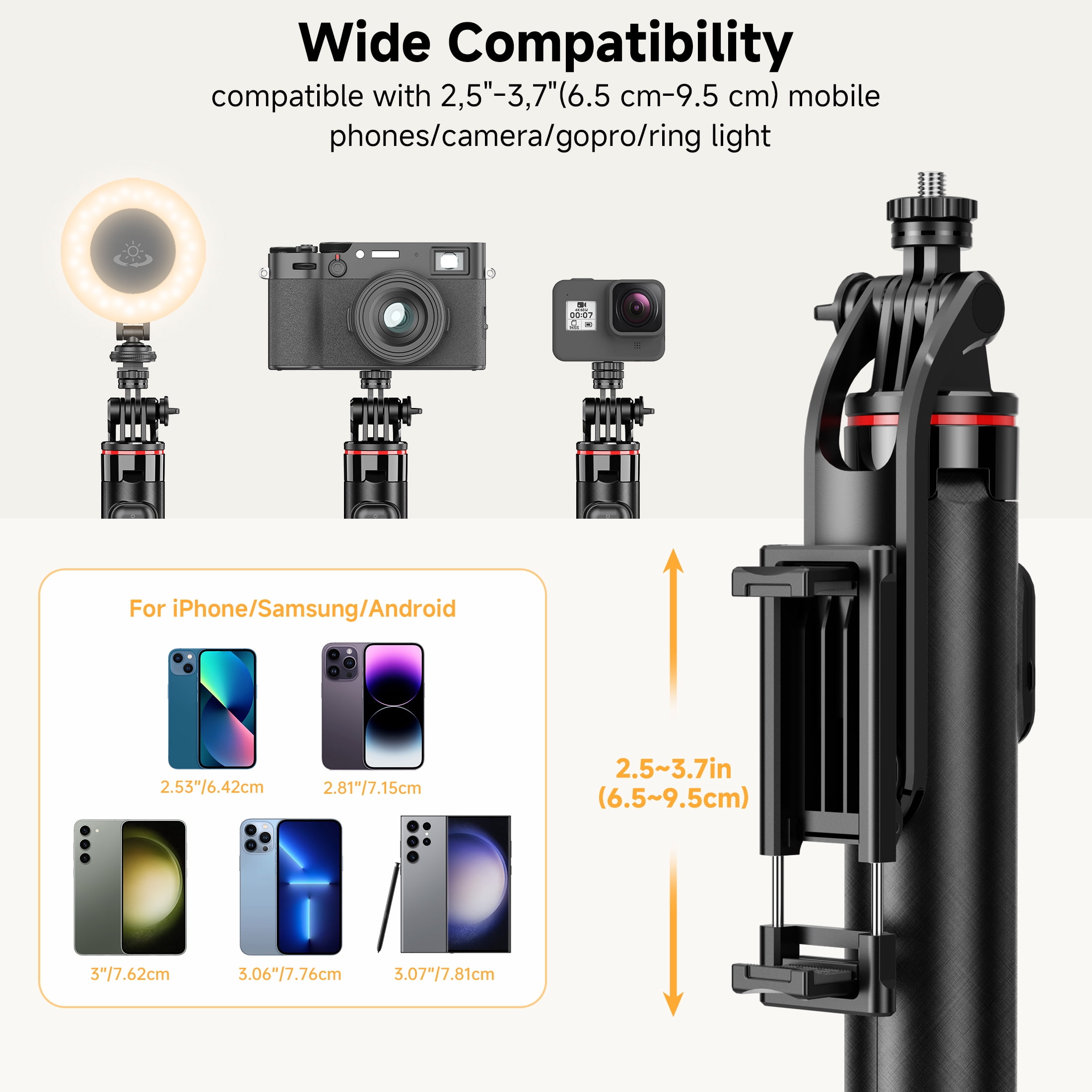 SelfieShow Selfie Stick, 52" Extendable Phone Tripod with Detachable Wireless Remote & Phone Stand, Compatible with iPhone android, Camera, Black