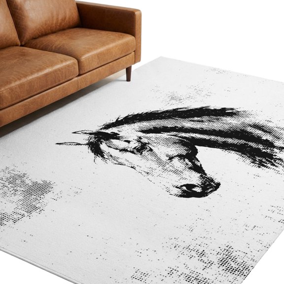 Horse Profile Area Rug 5x7ft Abstract Bold Black White Ink Dot Silhouette Non-Slip Washable Rectangle Rugs Soft Felt Indoor Floor Mat for Bedroom Kitchen Living Room Bathroom