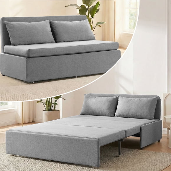 Puremind Pull Out Sofa Bed, Convertible Queen Sleeper Sofa with Mattress, Loveseat Pull Out Couch Bed with 2 Cushions for Small Place/Apartment/Office, Light Grey