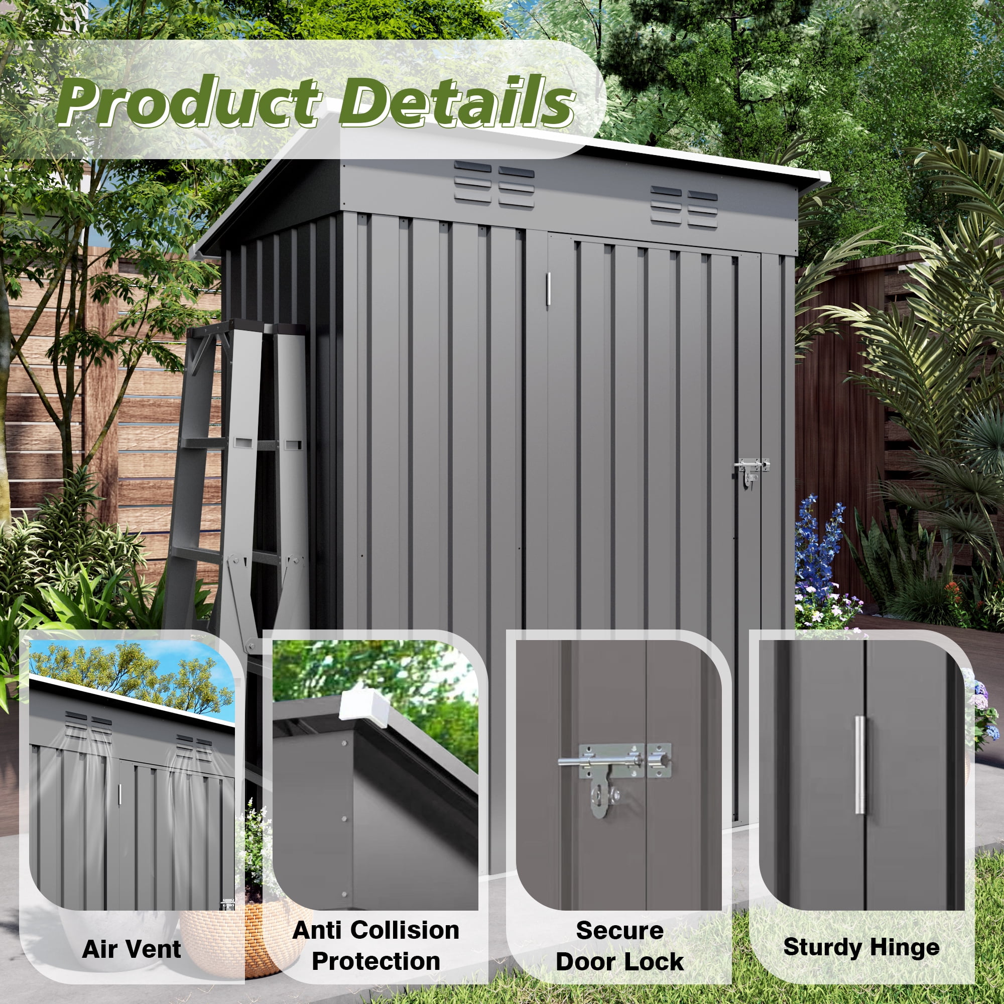 Vigo huseeo 5x3FT Metal Lean To Shed, Outdoor Storage Shed for Patio Backyard Garden (Gray)