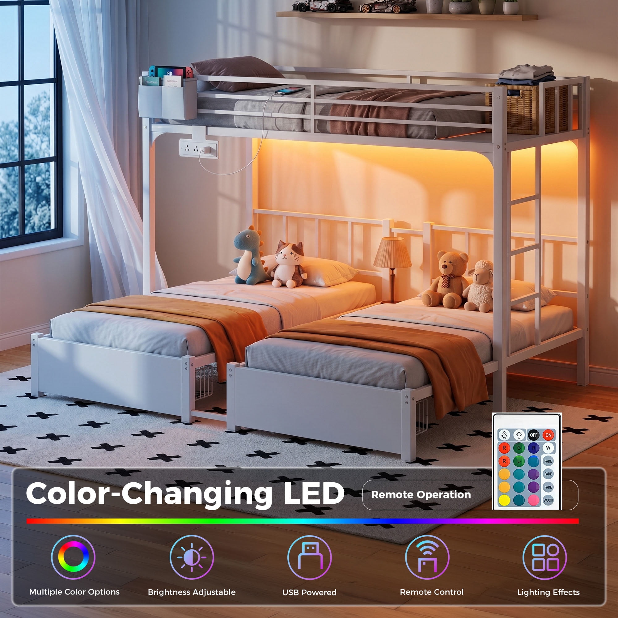 Miniyam Triple Bunk Bed with 2 Storage Drawers, Twin Over Twin Over Twin XL, LED Light and Power Strip, White