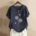 thumbnail image 2 of Outfmvch long sleeve shirts for women Summer Button Cotton And Linen Dandelion Print Short Sleeve T Shirt womens tops Navy, 2 of 3