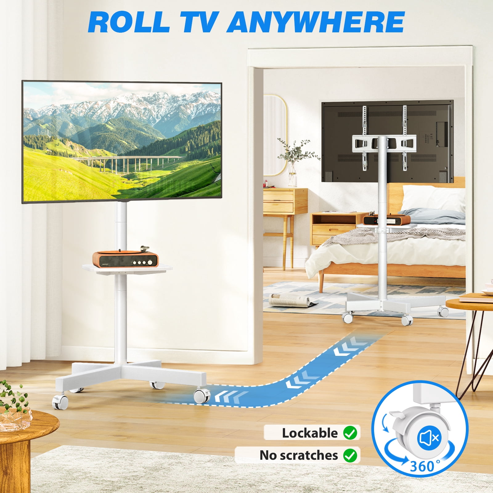 RTVR Modern Rolling TV Stand on Wheels with Shelf for 23 to 55 60 inch Flat Screens, Mobile TV Cart Stand, White
