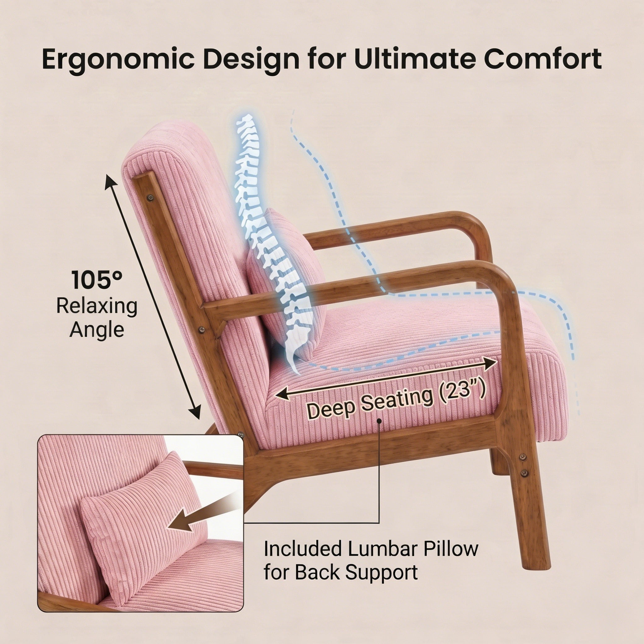 Mid-Century Modern Corduroy Accent Chair with Solid Wood Frame & Lumbar Pillow, Pink