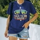 thumbnail image 4 of Camiseta gráfica con estampado de letras y cuello redondo para mujer, blusa informal de manga corta holgada a la moda para fiesta, Retro Azul XXL, 4 of 6