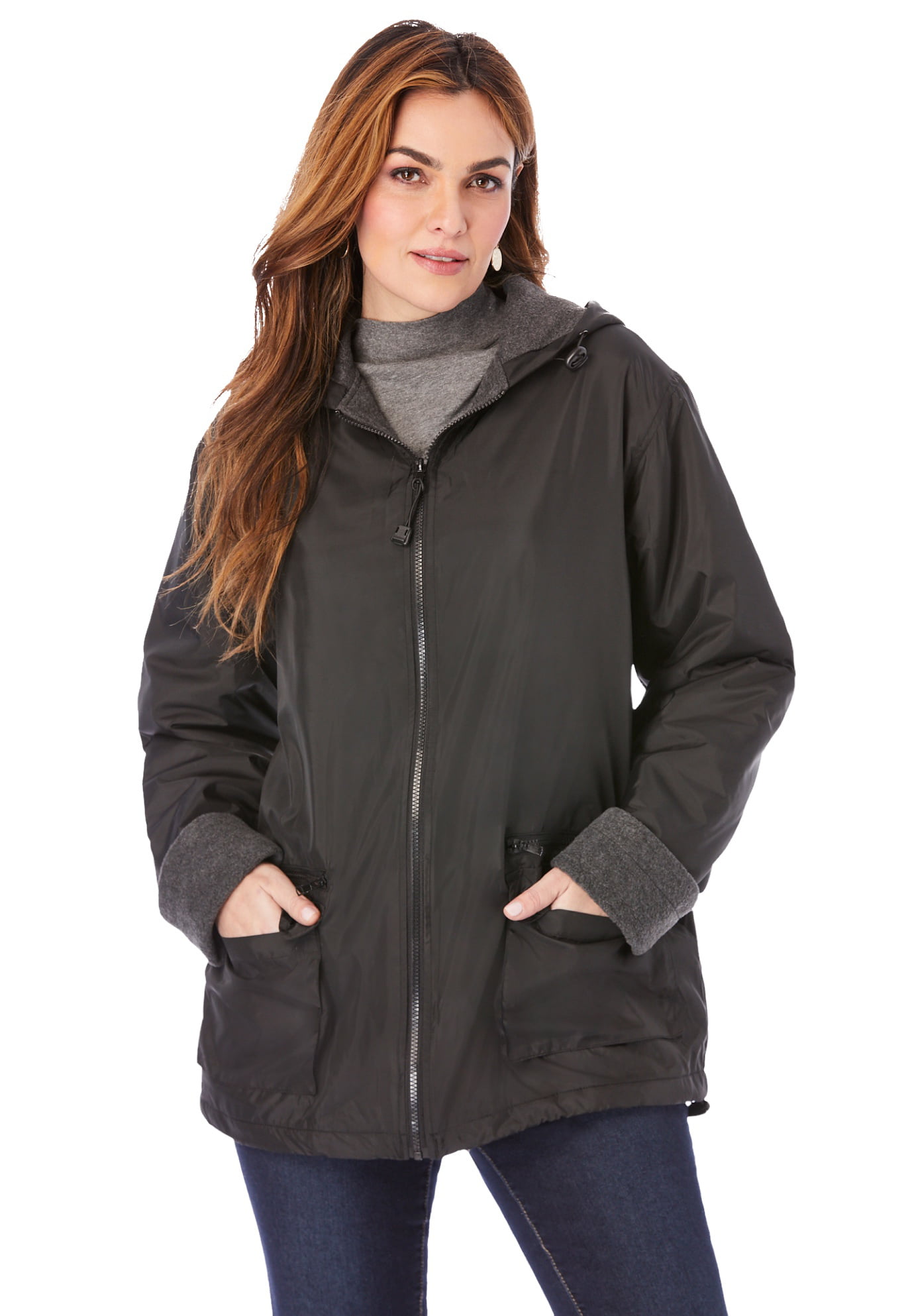 Roaman's Women's Plus Size Hooded With Fleece Lining Rain Repellent - L, - Walmart.com