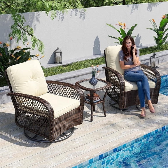 Dateyes 3 Pieces Patio Furniture Set, Patio Swivel Rocker Chairs Set of 2, Wicker Outdoor Bistro Set with Rocking Chair, Thickened Cushions and Table for Porch (Beige)