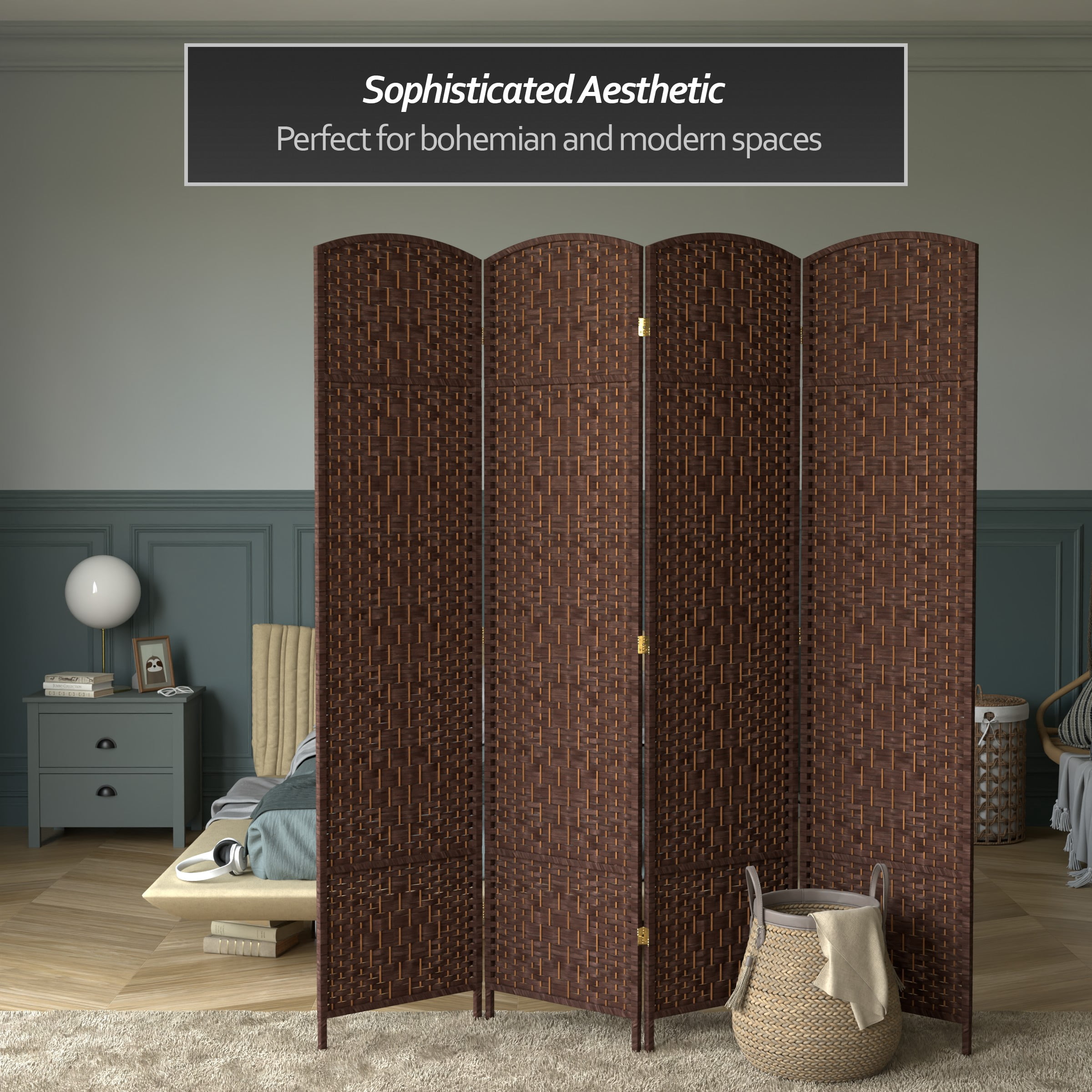 7 ft. Tall Rattan Fiber Diamond Weave Privacy Screen Room Divider - Dark Mocha - 4 Panels