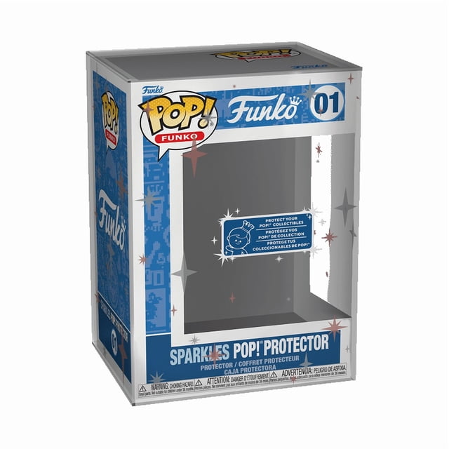 Funko Pop! Sparkles Pop! Protector clear hard-shell case with blue and white branded packaging, designed to fit and protect standard size Funko Pop! vinyl figure boxes from UV damage and color fading, suitable for stacking with other collectibles.