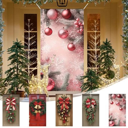 Nkmbld Christmas Front Door Cover Christmas Photography Background Backdrop for Front Door Porch Farmhouse Home Indoor Outdoor Decoration