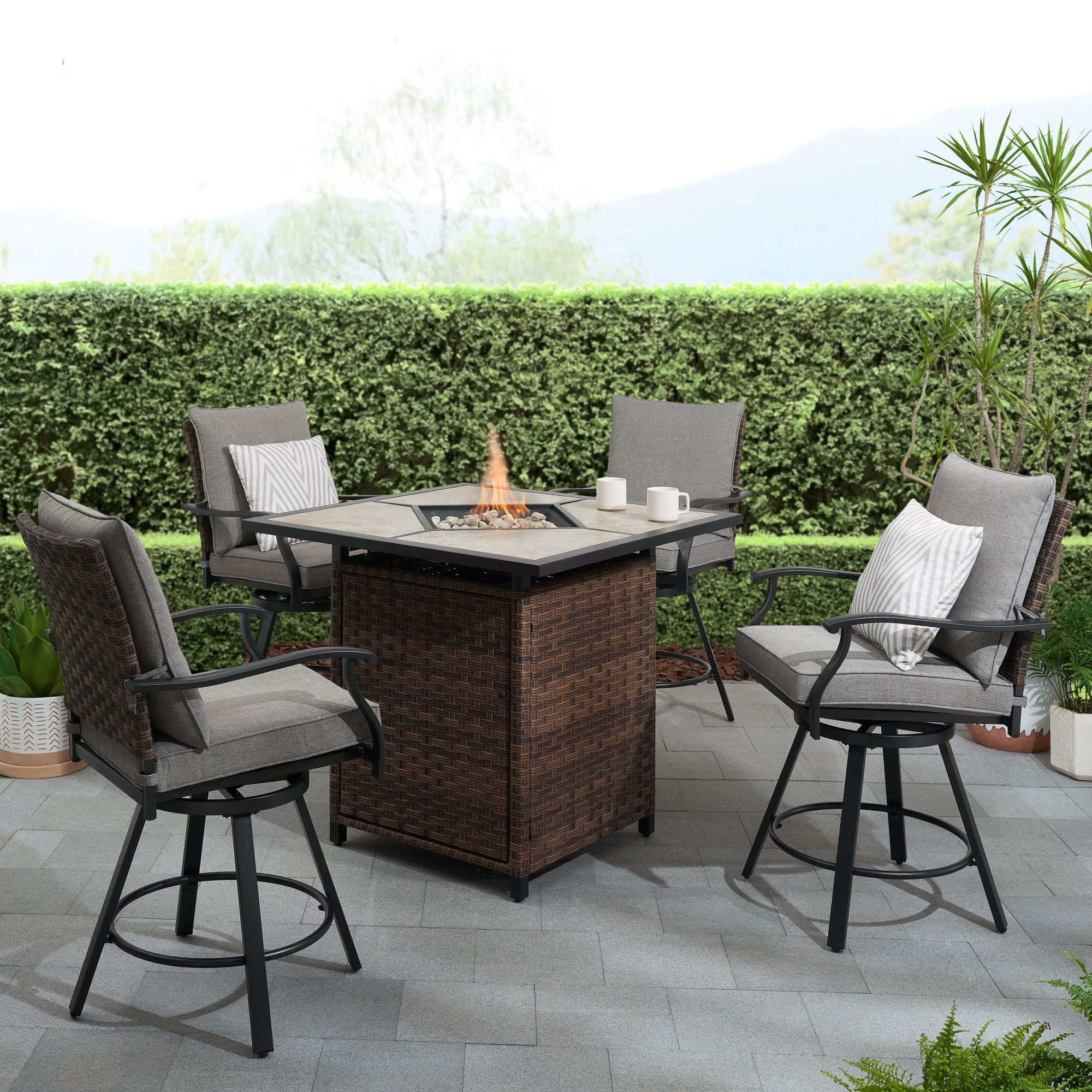 Better Homes & Gardens Elmdale 5 Piece High Swivel Patio Dining Set with Firepit table
