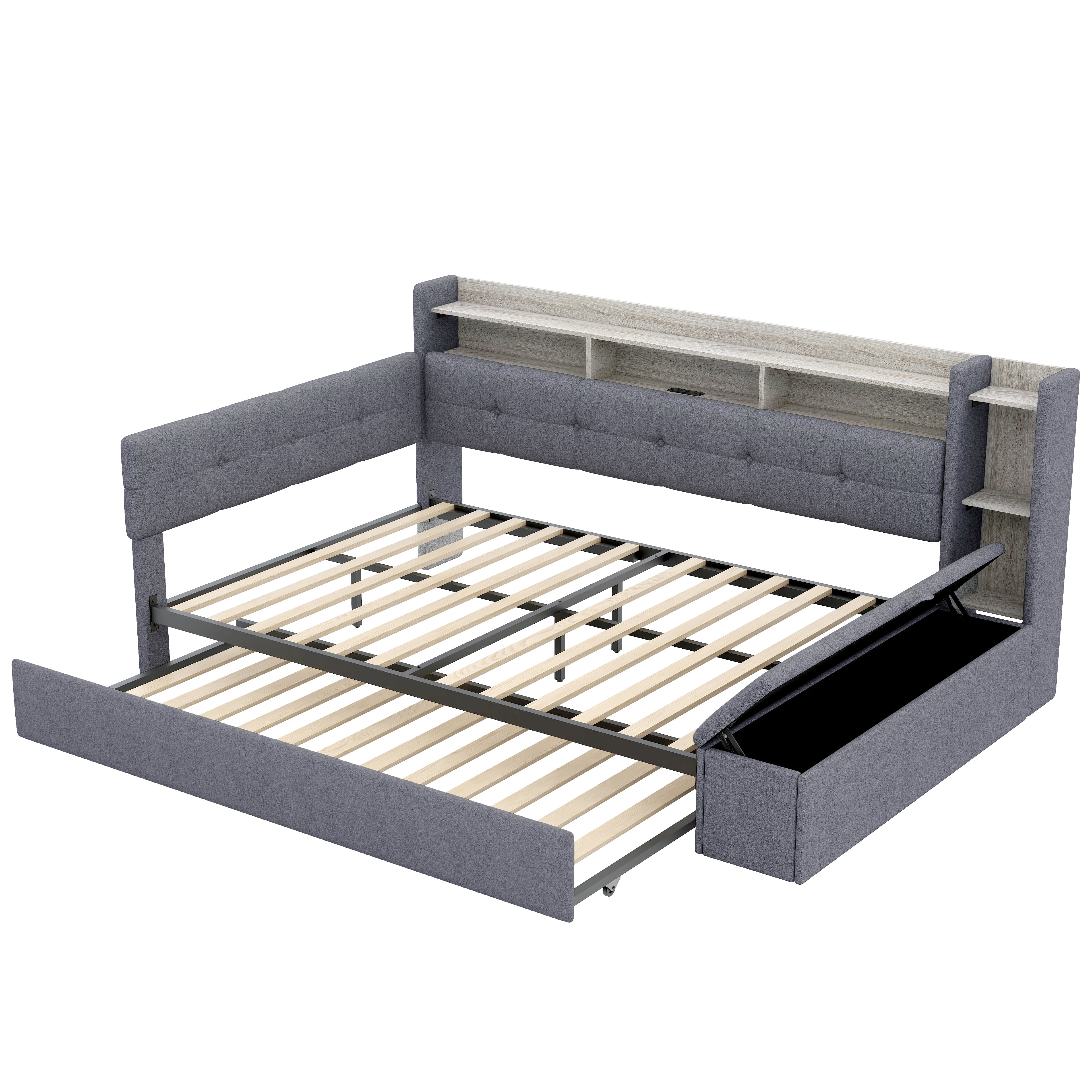 Euroco Upholstery Full Size Daybed with Trundle, Storage Sofa Bed with Footstool and Shelves, LED Light and USB Charging, Grey