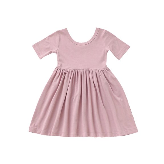 Girls Bamboo Fiber Short Sleeve Dress, Solid Color Scoop Neck Pleated Swing Sundress, Ins Style Breathable Summer Dress for Kids(Light Pink,6-12 Months)